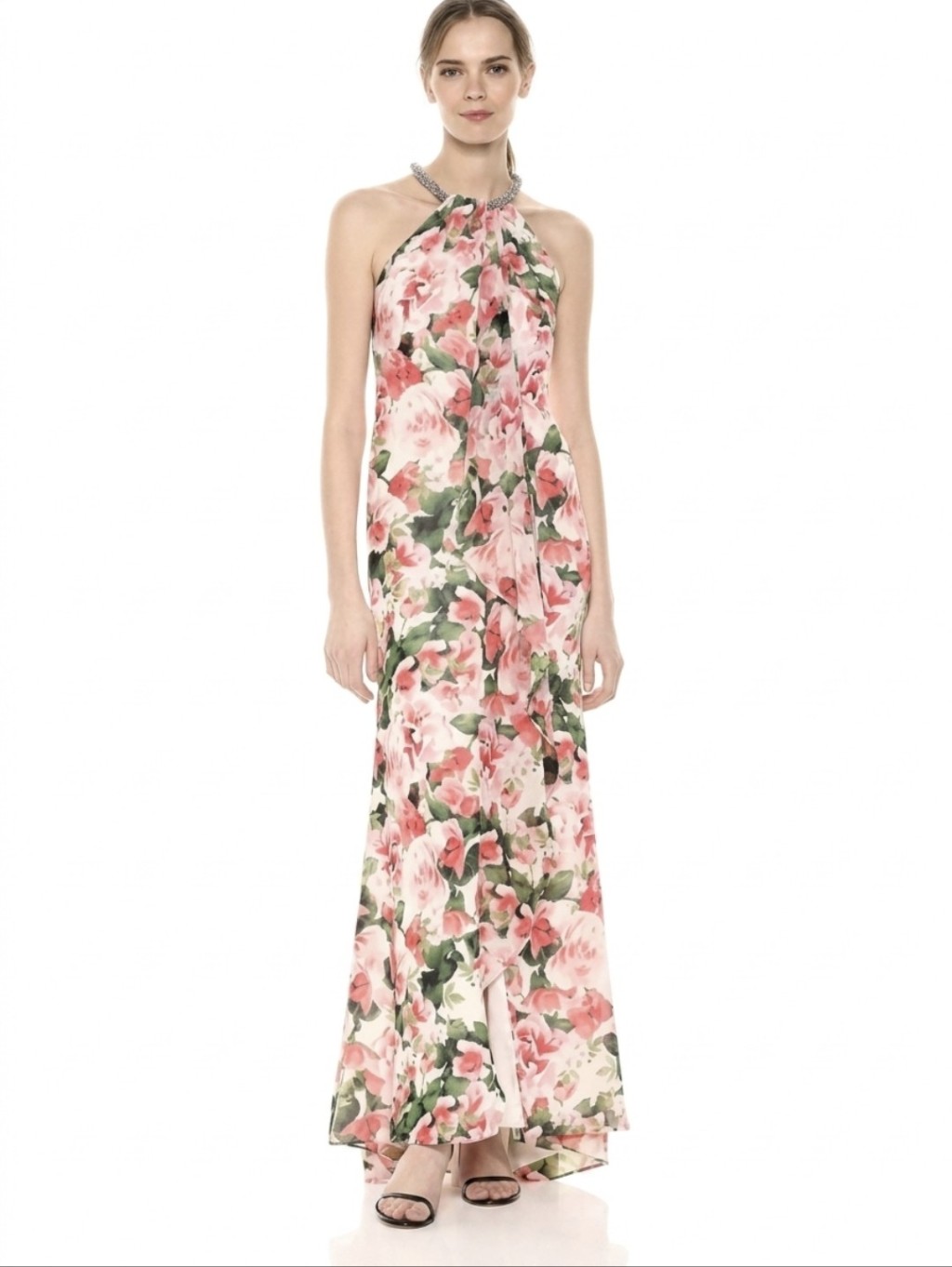 Calvin Klein Floral Chiffon Halter Ruffle Maxi Gown Embellished Wedding Guest